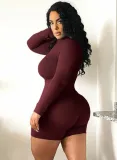 Women Spring Burgunry Long Sleeves Basic Rompers