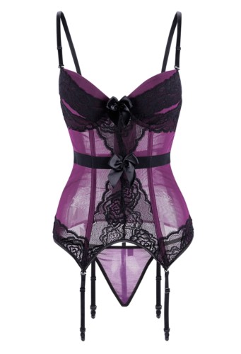 Women Purple Mesh Two Piece Plus Size Garter Lingerie Set