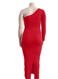 Women Spring Red One Shoulder Midi Plus Size Party Dress