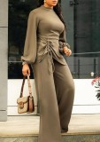 Spring Women Elegant Khaki 0-neck Puff Sleeve Ruched Long Blouse and Wide-Legged Pants Two Piece Set