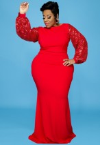 Spring Women Plus Size ELegant Red Sequins Puff Sleeve O-neck Slim Evening Dress