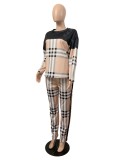 Spring Women Casual Khaki Plaid Printed 0-neck Long Sleeve Loose Blouse and Match Pants Two Piece Set