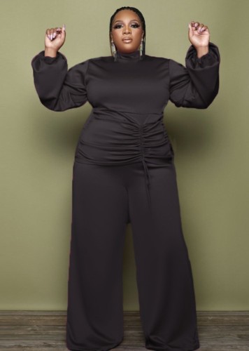 Conjunto de duas peças de blusa feminina com gola alta preta com gola redonda e calça larga com cordão e calça larga