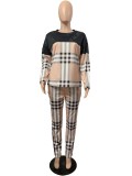 Spring Women Casual Khaki Plaid Printed 0-neck Long Sleeve Loose Blouse and Match Pants Two Piece Set