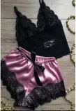 Summer Women Sexy Rose Red Lace Trim Satin Two Piece Pajamas Set