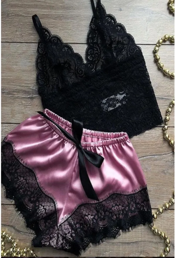 Summer Women Sexy Rose Red Lace Trim Satin Two Piece Pajamas Set