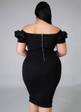 Summer Women Elegant Plus Size Black Off Shoulder Ruffled Sleeve Bodycon Midi Dress