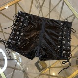 Women Sexy Black Side Lace-up Zipper Open Crotch Erotic Faux PU Leather Shorts Underwear