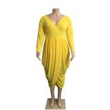 Summer Women Plus Size Yellow V-neck Long SLeeve Ruched Irregular Party Dress