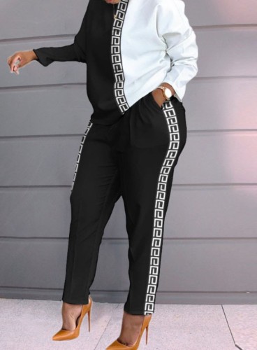 Spring Women Casual Black and White Contrast Printed 0-neck Long Sleeve Loose Blouse and Match Pants Two Piece Set