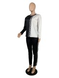 Spring Women Casual Black and White Contrast Printed 0-neck Long Sleeve Loose Blouse and Match Pants Two Piece Set