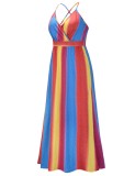 Summer Women Multicolor Stripes Backless Straps Beach Maxi Casual Dress