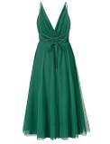 Summer Women Sexy Green Deep V-neck Straps Backless A-line Mesh Party Dress