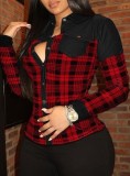 Spring Women Sexy Red Plaid Patch Turndown Collar Button Up Long Sleeve Slim PU Leather Blouse