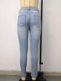 Spring Women Sexy Blue Ripped Leopard Patch High Waist Slim Fit Jeans