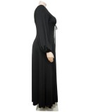 Spring Womne Plus Size Black V-neck Long Sleeve Slit Maxi Dress
