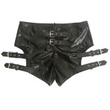 Women Sexy Black Hollow Out Erotic Faux PU Leather Nightclub Shorts Underwear