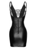 Summer Women Sexy Black Lace Patch V-neck Straps PU Leather Bodycon Dress