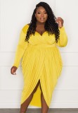 Summer Women Plus Size Yellow V-neck Long SLeeve Ruched Irregular Party Dress