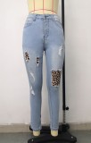 Spring Women Sexy Blue Ripped Leopard Patch High Waist Slim Fit Jeans
