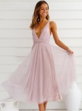 Summer Women Sexy Pink Deep V-neck Straps Backless A-line Mesh Party Dress