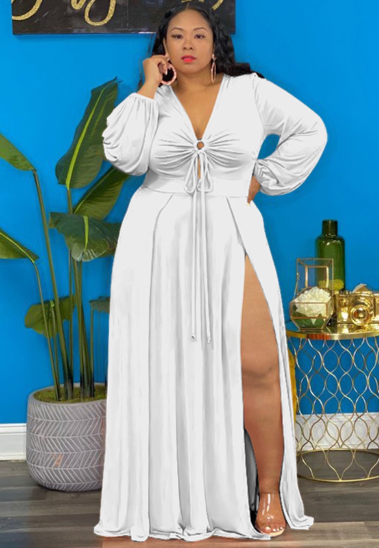 Wholesale Spring Womne Plus Size White V-neck Long Sleeve Slit Maxi ...