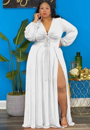 Bahar Kadın Büyük Beden Beyaz V Yaka Uzun Kol Yırtmaçlı Maxi Elbise
