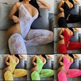 Women Sexy Valentines Green Lace Backless Sling Deep V Neck Transparent Teddy Lingerie With Socks