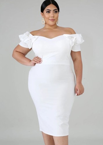 Vestido feminino elegante plus size branco sem ombros manga franzida bodycon midi