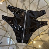 Women Sexy Black Cutout Zipper Open Crotch Erotic Faux PU Leather Panty Underwear