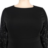 Spring Women Plus Size ELegant Black Sequins Puff Sleeve O-neck Slim Evening Dress