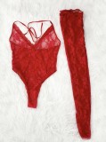 Women Sexy Valentines Red Lace Backless Sling Deep V Neck Transparent Teddy Lingerie With Socks