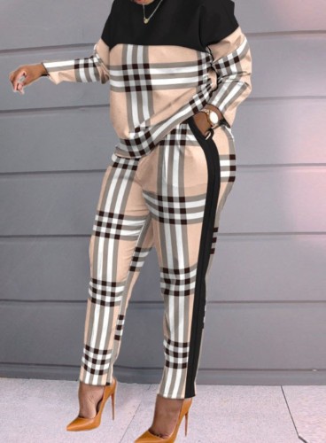 Conjunto de duas peças de blusa feminina de manga comprida solta com estampa de manga comprida 0-pescoço feminino casual cáqui e calças combinadas