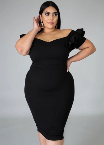 Summer Women Elegant Plus Size Black Off Shoulder Ruffled Sleeve Bodycon Midi Dress