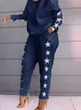 Spring Women Casual Blue Printed 0-neck Long Sleeve Loose Blouse and Match Pants Two Piece Set