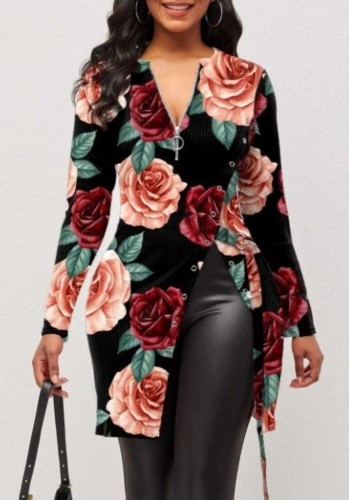 Frühlings-Frauen-elegante Blumendruck-Reißverschluss bis volle Ärmel-Schlitz-lange Bluse
