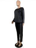 Spring Women Casual Black Printed 0-neck Long Sleeve Loose Blouse and Match Pants Two Piece Set