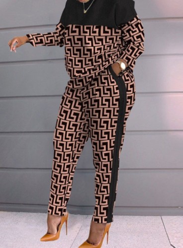Camicetta ampia a maniche lunghe con scollo a 0 stampato marrone casual da donna primavera e pantaloni abbinati a due pezzi