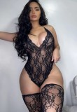 Women Sexy Valentines Black Lace Backless Sling Deep V Neck Transparent Teddy Lingerie With Socks