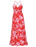 Summer Women Red Floral Backless Straps Beach Maxi Smock Dress
