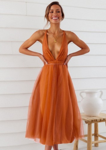 Summer Women Sexy Orange Deep V-neck Straps Backless A-line Mesh Party Dress