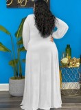 Spring Womne Plus Size White V-neck Long Sleeve Slit Maxi Dress
