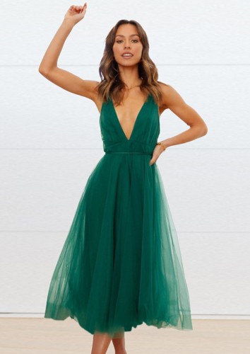Summer Women Sexy Green Deep V-neck Straps Backless A-line Mesh Party Dress