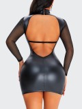 Spring Women Sexy See Through Black Lace Patch High Neck Long Sleeve PU Leather Bodycon Dress