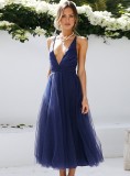 Summer Women Sexy Blue Deep V-neck Straps Backless A-line Mesh Party Dress