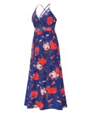 Summer Women Blue Floral Backless Straps Beach Maxi Casual Smock Dress