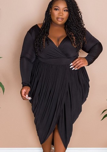 Yaz Kadın Artı Boyutu Siyah V Yaka Uzun Kollu Dantelli Düzensiz Parti Elbise