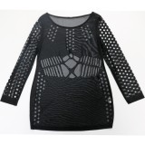 Spring Women Plus Size Sexy Black Mesh Hollow Out See Through Long Sleeve Club Dress