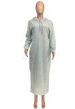 Winter Casual Grey Long Sleeve With Hood Slit Long Dress