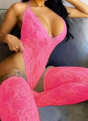 Mujeres Sexy Valentines Pink Lace Backless Sling Cuello en V profundo Lencería transparente de peluche con calcetines